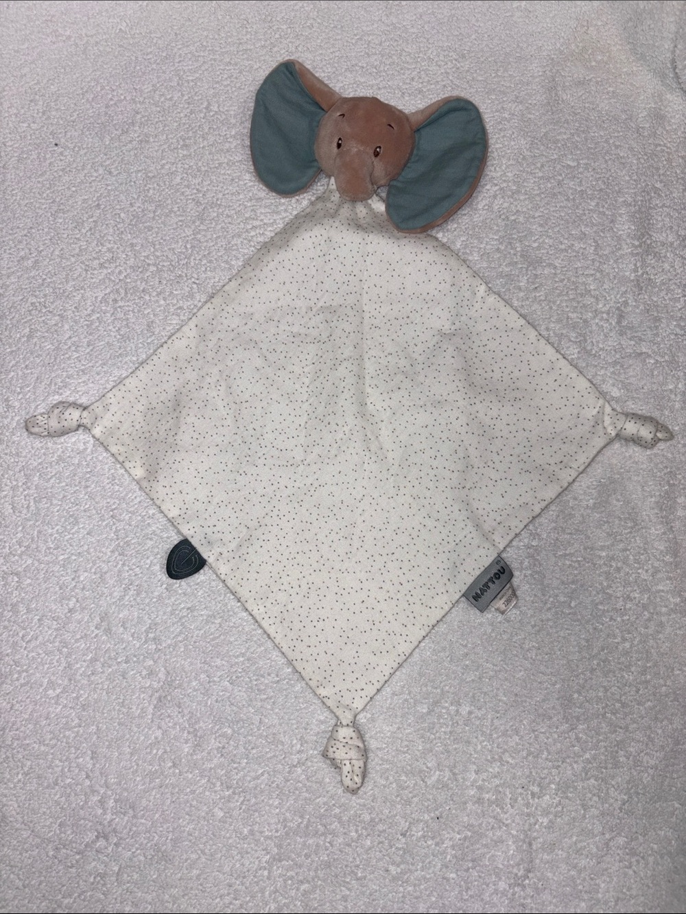 Nattou Elephant Lovey Comfort Blanket - Cream with Teal Ears knotted ends